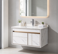Ensemble de meuble-lavabo mural moderne pour salle de bain, en PVC mélaminé, avec vasque en céramique, comptoir, miroir LED, résistant à l'eau
