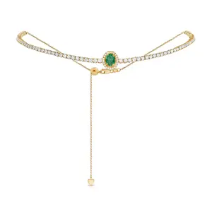 Gemnel Mode Silber Schmuck 14 Karat Gold Smaragd Diamant Tennis Choker Halskette