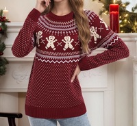 Pull en tricot Fair Isle pour femme, col rond, manches longues, motif bonhomme de pain d'épices bordeaux, pour les fêtes de Noël