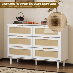 Cómoda SENYU blanca de 6 cajones con paneles de ratán, estilo moderno de mediados de siglo, para dormitorio - Product Image 6