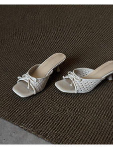 White Square Toe Heeled <b>Sandals</b> With <b>Bow</b> Decoration Breathable Faux Leather Mid Heel Slip-On Elegant Summer Drop Shipping - Product Image 4