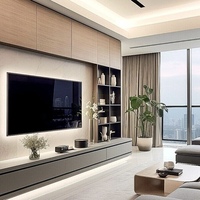 Console TV moderne de luxe en chêne avec étagères de rangement intégrées, éclairage LED, base à poser au sol, design antique pour téléviseurs de 65 pouces et plus