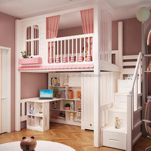 JS мебель новый дизайн детский дом кровать принцесса балдахин кровать мебель для спальни деревянная кровать Лофт с выдвижными столами и лестницей для хранения - Product Image 3