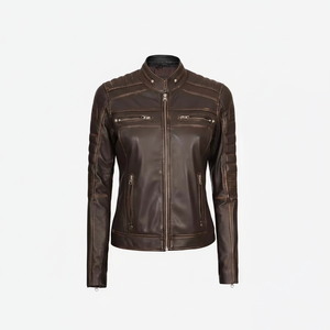 Women's Custom Clothing Neck Label Collar <b>Plain</b> Blank Women's Distressed Brown Motorcycle Leather Jacket For Winter - Product Image 1