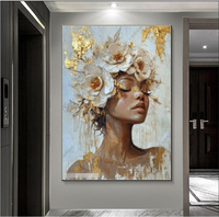 Peinture florale contemporaine sur porcelaine cristalline pour femme, affiche de luxe léger avec accents dorés, art mural texturé pour chambre à coucher et hall d'hôtel