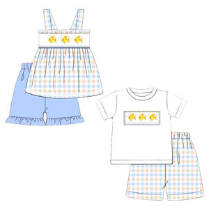 Ensembles de vêtements décontractés pour petits garçons, shorts en tissu peigné 95% coton à imprimé poissons rouges, collection printemps-automne, vente en gros - Product Image 1