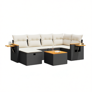 Ensemble de canapés de jardin blanc crème 6 places en rotin, mobilier d'extérieur avec coussins, design contemporain, style bois de teck - Product Image 1