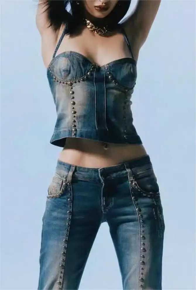 Сексуальная Летняя женская одежда для девушек, джинсовый топ без рукавов с заклепками