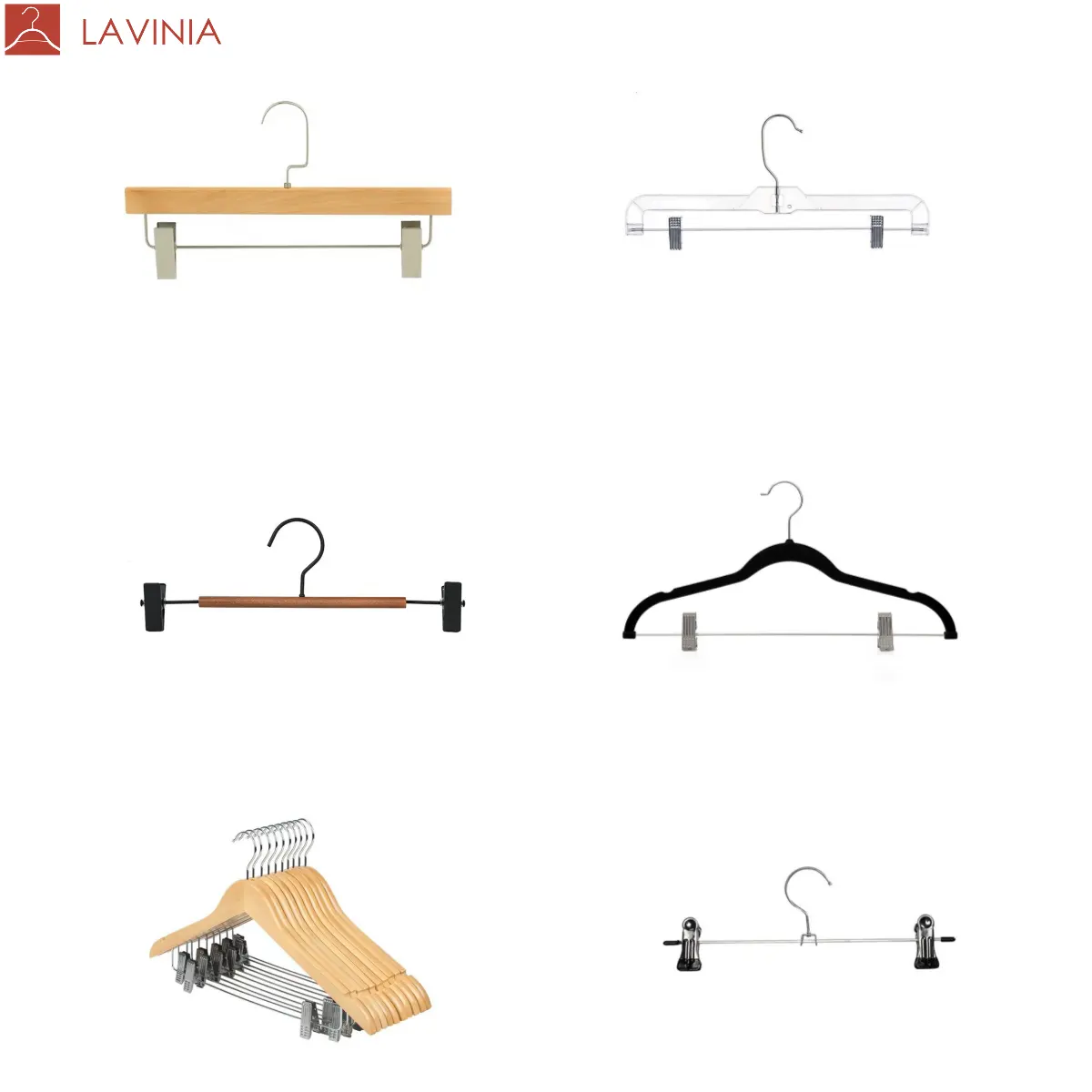 Lavinia Wholesale Custom Clip Hanger Metal Velvet Plastic Wooden Clothes Hanger With Clip