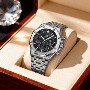 Reloj de Cuarzo para Hombre Jlanda, Correa de Acero Inoxidable Octogonal, Esfera Azul, Cronógrafo, Fase Lunar, Fecha, Resistente al Agua, Estilo Ejecutivo - Product Image 3