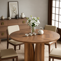 Table à manger ronde en parquet de noyer de style nordique avec base en bois massif et chaises en cuir blanc, meubles de salle à manger pour villa