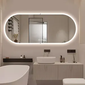 مرآة حمام ذكية بمصباح LED بيضاوي مخصص وعرض لدرجة الحرارة والوقت ومضادة للضباب مع ضوء متدفق