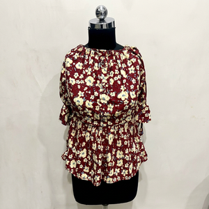Top Corto Casual de Verano con Estampado Floral Color Granate Premium, Cuello Redondo, Manga Media, Puños con Lazo y Cintura Fruncida para Uso Diario al por Mayor - Product Image 1