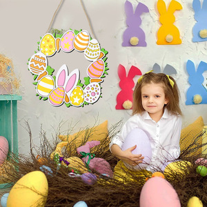 Easter Cartoon Bunny <b>Egg</b> Wreath Wooden Hanging <b>Decoration</b> For Indoor Door Party Easter Decor Round Boxwood Design - Product Image 2