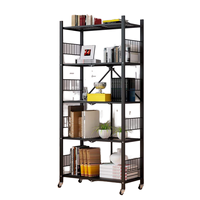 Étagères de rangement pliantes en métal à 5 niveaux avec roulettes, étagère de rangement multifonction pliable