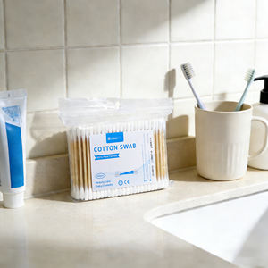 Bâtonnets d'oreille en coton biologique premium à deux têtes avec logo personnalisé, 200 pièces, bâtonnets en bambou, coton-tige avec sac - Product Image 1