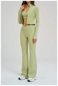 ชุดโยคะ 3 ชิ้นสำหรับผู้หญิง กางเกงเลกกิ้งเอวสูงทรงบาน เสื้อชั้นในกีฬา เสื้อแจ็คเก็ตมีซิป ชุดออกกำลังกาย ชุดฟิตเนส ชุดกีฬา - Product Image 4