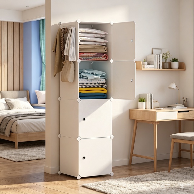 New Bedroom Furniture 4 Cube White Plastic Modular Foldable Stackable Storage Cabinet with Space-Saving Design