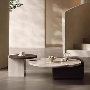 Bàn cà phê hiện đại Vòng đá cẩm thạch bằng gỗ với lưu trữ đồ nội thất nhà phòng khách travertine Bàn cà phê thiết lập - Product Image 1