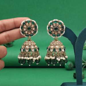 Green Color <b>Kundan</b> Jhumke Earrings with Necklace Trendy Brass Pearl Wedding <b>Jewelry</b> for Women's Dinner Festive Occasions - Product Image 1