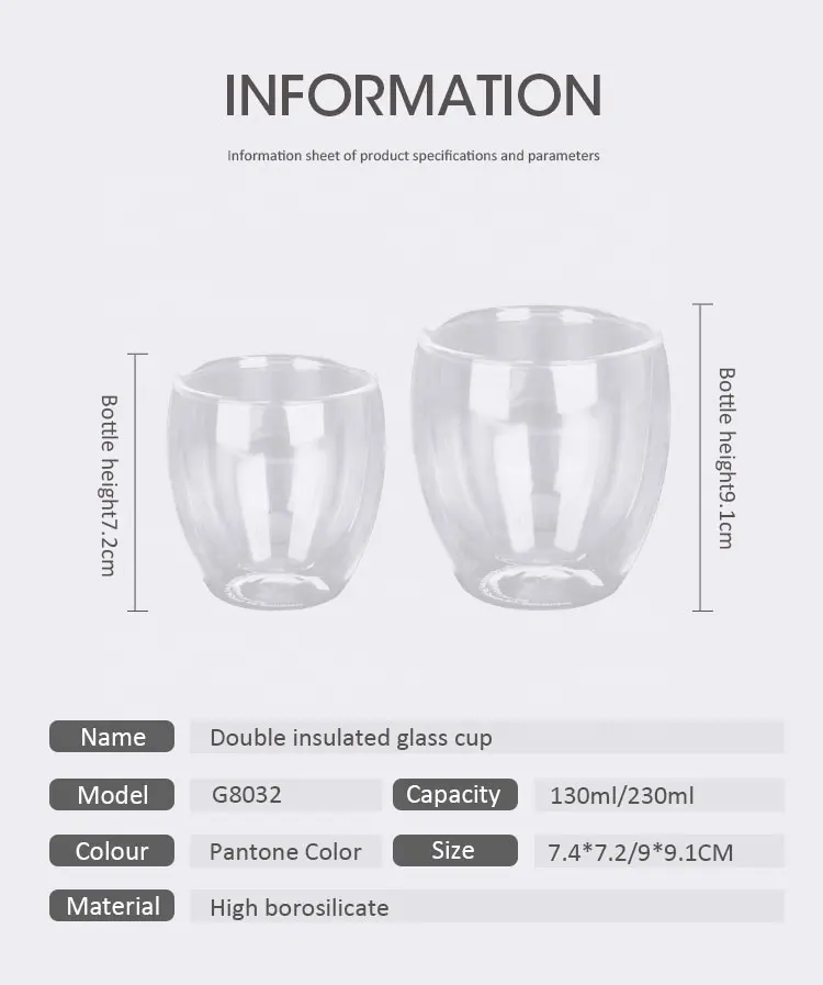 Hoeveelheid Handgemaakte Technologie Dubbele Muur Geïsoleerde Borosilicate Transparante Koffie Ronde Glazen Beker