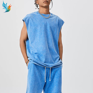Ensemble décontracté pour <span class=keywords><strong>homme</strong></span>, débardeur et short en coton lavé, style streetwear, coupe ample, bleu assorti - Product Image 1