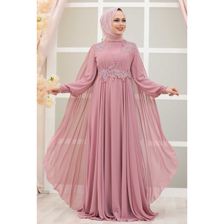 Muslim bridal wedding dress with hijab long sleeve lace pink islamic wedding dress