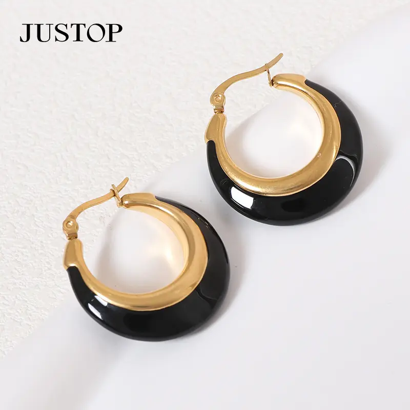 2024 Fashion Vintage Jewelry 28mm*30mm Stainless Steel Hoop Earrings 2 Colors Black White Enamel Earrings for Women
