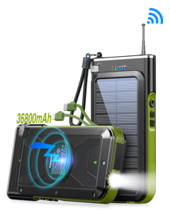 Batterie externe solaire 20000mAh, radio FM d'urgence, lampe torche LED, chargeur de téléphone sans fil, câbles intégrés IOS USB-C, support métallique - Product Image 1