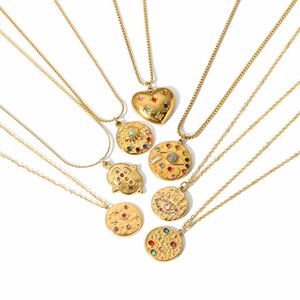 Collana all'Ingrosso con Ciondolo Sole Luna Stella in Zircone, Pendente a Cuore Croce Rotondo, Collana in Acciaio Inox Placcato Oro 18K con Occhio - Product Image 3