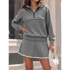 Custom <b>Womens</b> 2 Piece Gingham Outfit Half Zip Sweatshirt Mini <b>Skort</b> Set Stand Collar Long Sleeve Loose Fit Casual Above Knee - Product Image 2