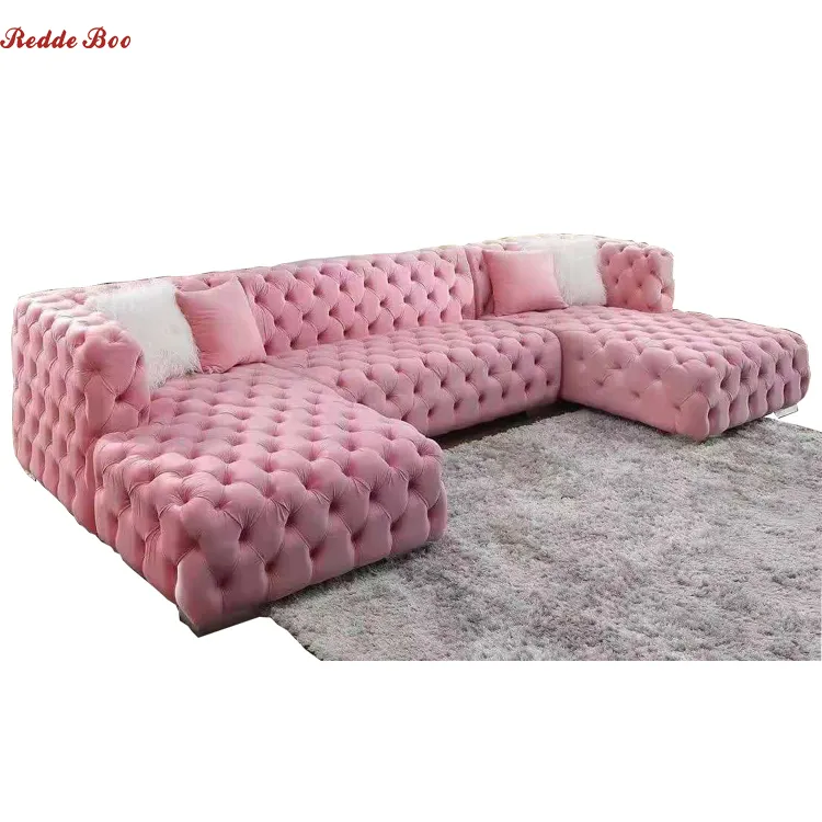 Modern Luxury Pink Fabric Designer Chesterfield Lounge Wide Sectional Sofa Set With Chaise