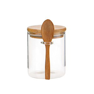 Customized Glass Food Storage Containers with Bamboo Lids and Spoon glass jar 450ml Food Grade spice glass jar with spoon