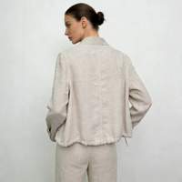 Veste courte en lin beige pour femme, col montant, taille ajustable avec cordon, boutons sur le devant, veste décontractée d'été