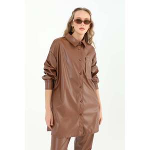Puane Women's Stylish Brown Faux Leather Pocketed Shirt, Modern Cut, Soft Fabric, Ideal for Everyday and Special Occasions - Product Image 4