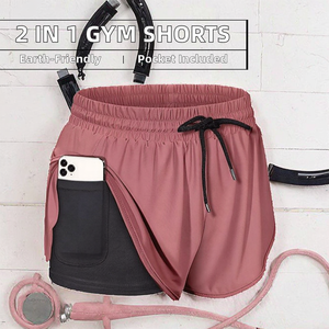 Shorts de sport 2-en-1 pour femmes, en nylon, avec cordon de serrage, logo personnalisé du fabricant imprimé, écologiques, décontractés, avec poche - Product Image 2