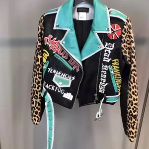Graffiti Leopard Printed Suede Splicing Faux Leather Casual Street style Motorcycle Biker crop Jacket For Women