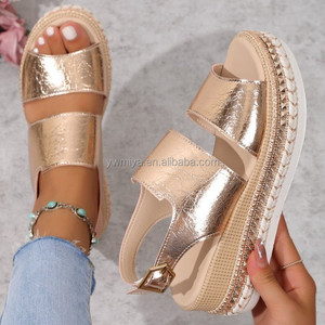 FC-069新款时尚2024女士坡跟凉鞋批发平台稻草鞋底露趾闪光金银皮革凉鞋 - Product Image 5