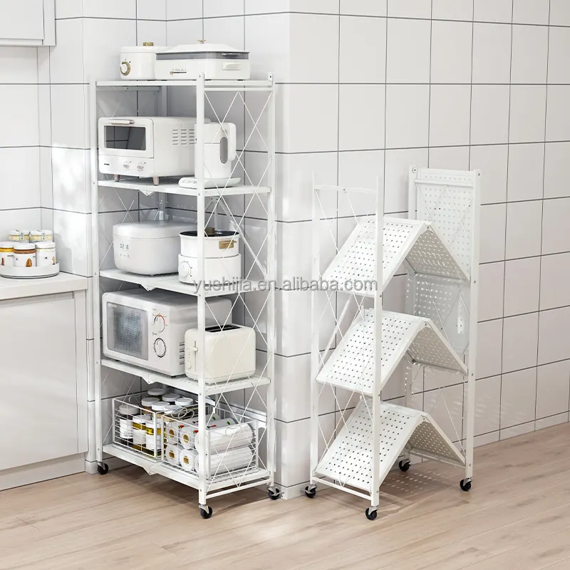3/4/5 Layers Shelves Foldable Metal Shelf Rack Mobile Kitchen Storage Organizer shelving unit