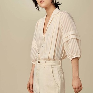 Camicetta Elegante da <span class=keywords><strong>Donna</strong></span> <span class=keywords><strong>Beige</strong></span> a Righe con Scollo a V, Maniche a 3/4 a Sbuffo, Camicia Casual da Ufficio per Primavera Estate - Product Image 6