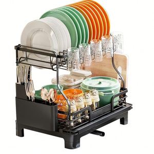 Égouttoir de cuisine extensible à 2 niveaux en acier pour comptoir, pour assiettes, tasses et vaisselle, avec rangement et drainage - Product Image 5