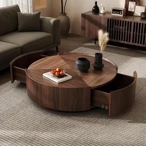 Mid-century Modern Walnut Bark Wood Frame Metal Base Round Coffee Table Modern Simple Living Room Storage Coffee Table