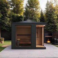 Sauna extérieur haut de gamme en bois massif pour plusieurs personnes avec douche, chauffage infrarouge, respectueux de l'environnement