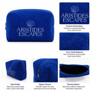 Sac de maquillage en tissu éponge bleu en gros, broderie de logo personnalisé, pochette de voyage pour cosmétiques, organiseur de toilette doux en tissu éponge pour femmes - Product Image 6