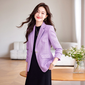 Purple Plaid Blazer Women One Button Casual Suit Jacket Spring Autumn Anti Wrinkle Worsted Fabric Pocket Design - Product Image 4