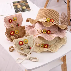 Kova şapka ve çanta yaz güneş şapkası kız çocuk çocuk plaj çantası çiçek Tote çanta çanta takım elbise bebek hasır şapkalar