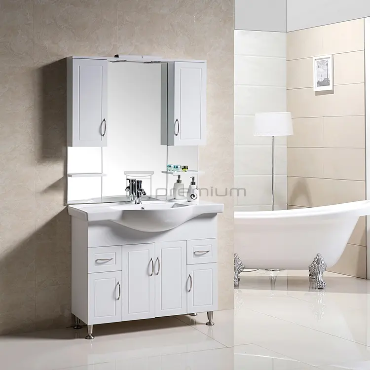 Mueble de tocador de baño moderno, montado en suelo blanco clásico