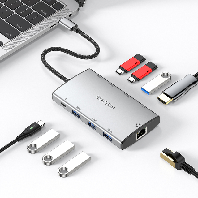 9-in-1 Usb-c Hub USB 3.0 3.1/3.2 Gen 2 5/10Gbps RJ45 PD Multi Interface Docking Station for hp Surface 3 samsung Tablet Printer