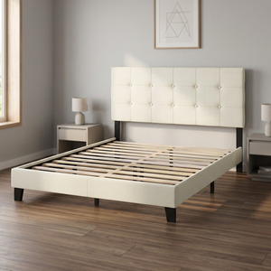 Cadre de lit rembourré moderne avec tête de lit en similicuir et sommier à lattes en bois de pin, design de lit confortable - Product Image 4