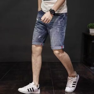 Short en <span class=keywords><strong>jean</strong></span> d'été pour hommes à la mode lâche cinq points déchiré <span class=keywords><strong>taille</strong></span> tissée mi-longue lavage léger Style droit - Product Image 4